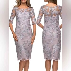 Size 12 lavender and grey Lace Bateau Fitted Midi Dress with embroidered florals